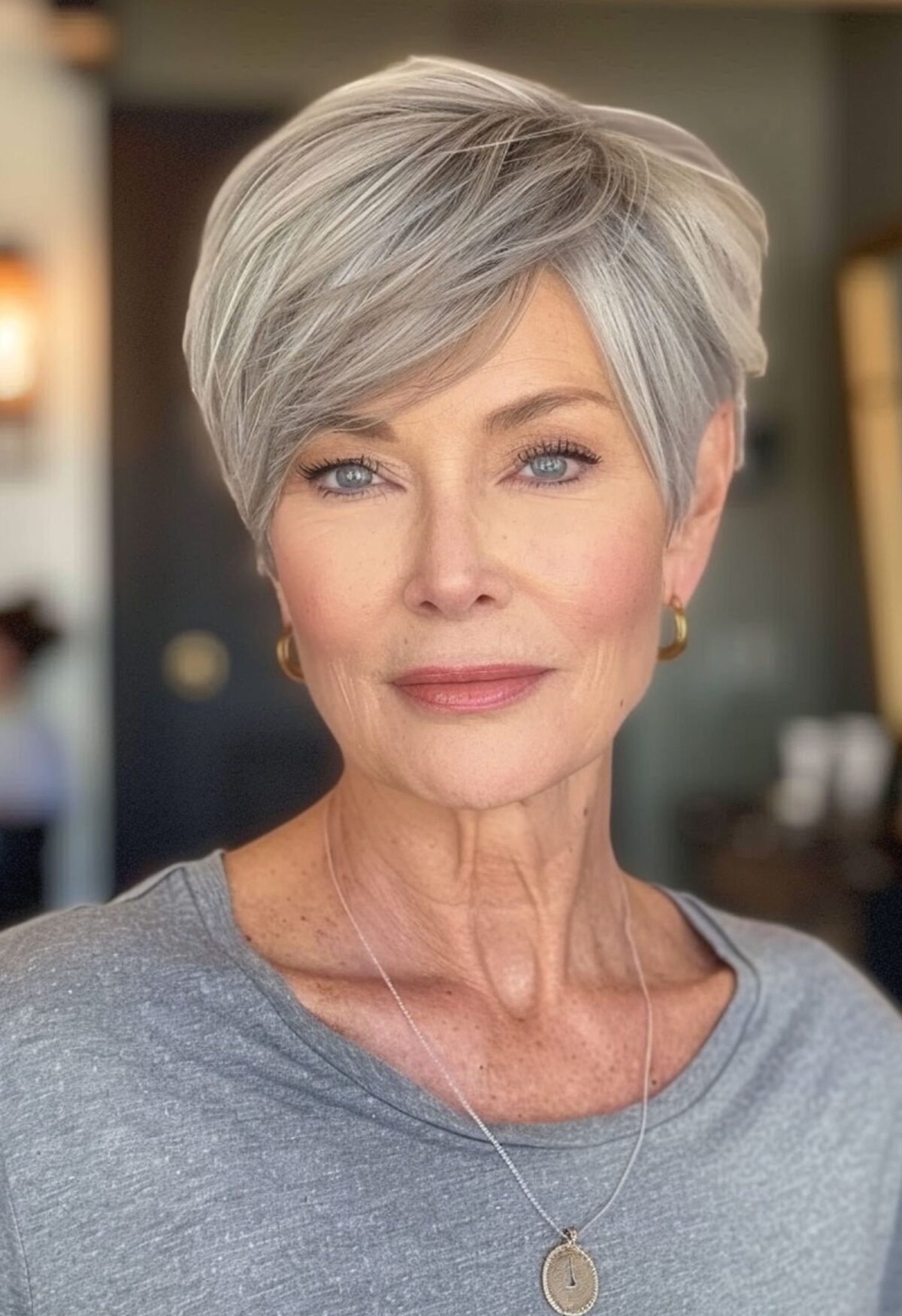 29 Short Hair Ideas with Side Bangs That Look Instantly Stylish Grey Pixie with Side Bangs for Older Women