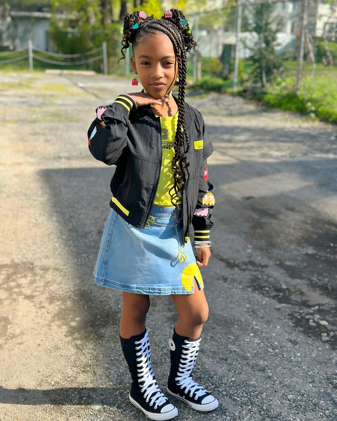 Retro Pac-Man Bomber Jacket And Denim Skirt Combo