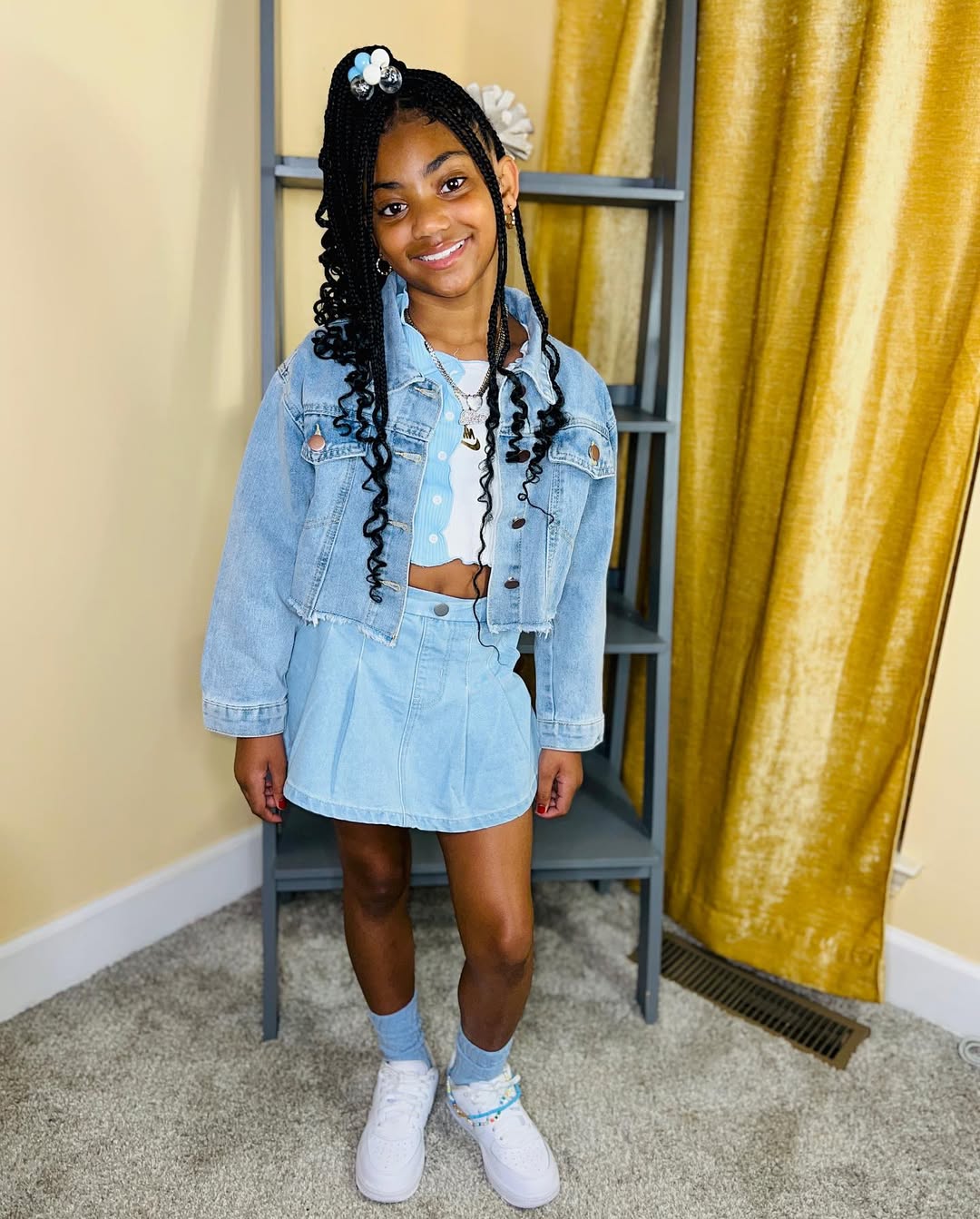 Light Wash Denim Jacket and Pleated Skirt Set