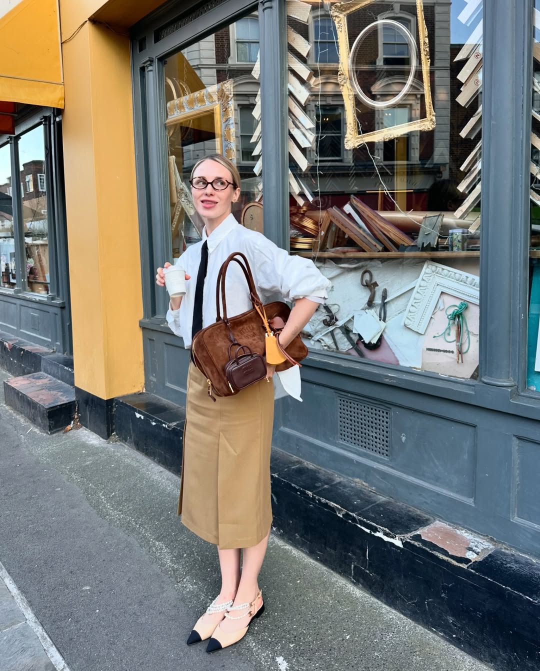Crisp White Shirt and Khaki Midi Skirt Uniform