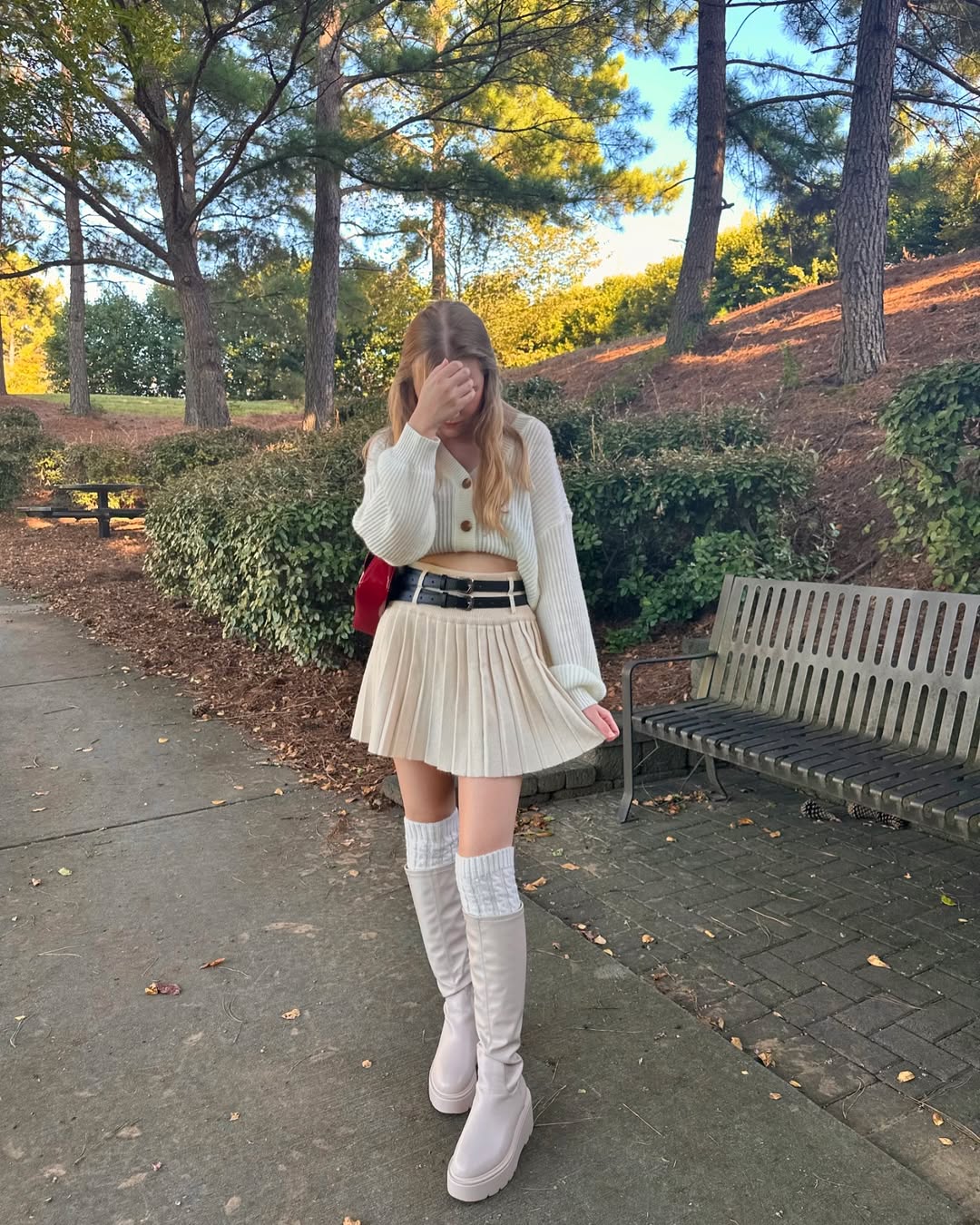 Cream Cardigan Pleated Mini Skirt Fall Outfit