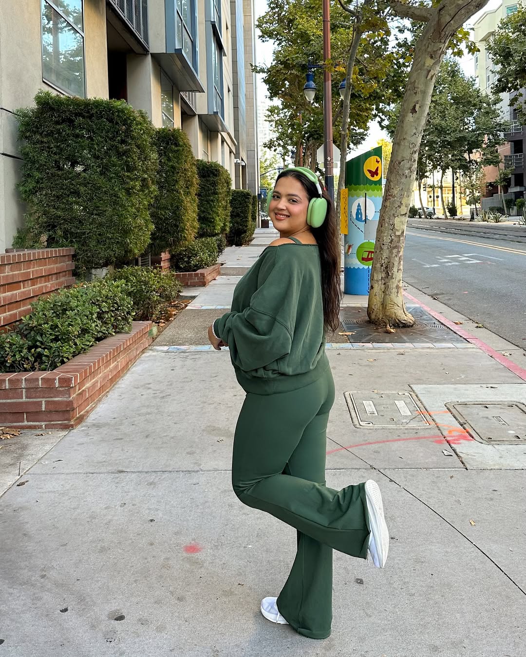 Forest Green Lounge Set With White Sneakers