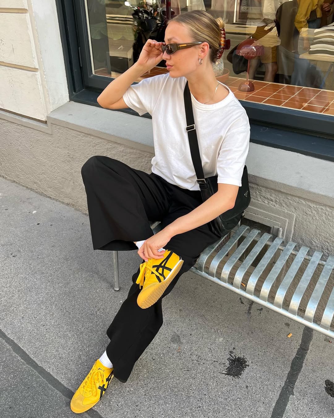 Classic White Tee With Flowy Black Trousers
