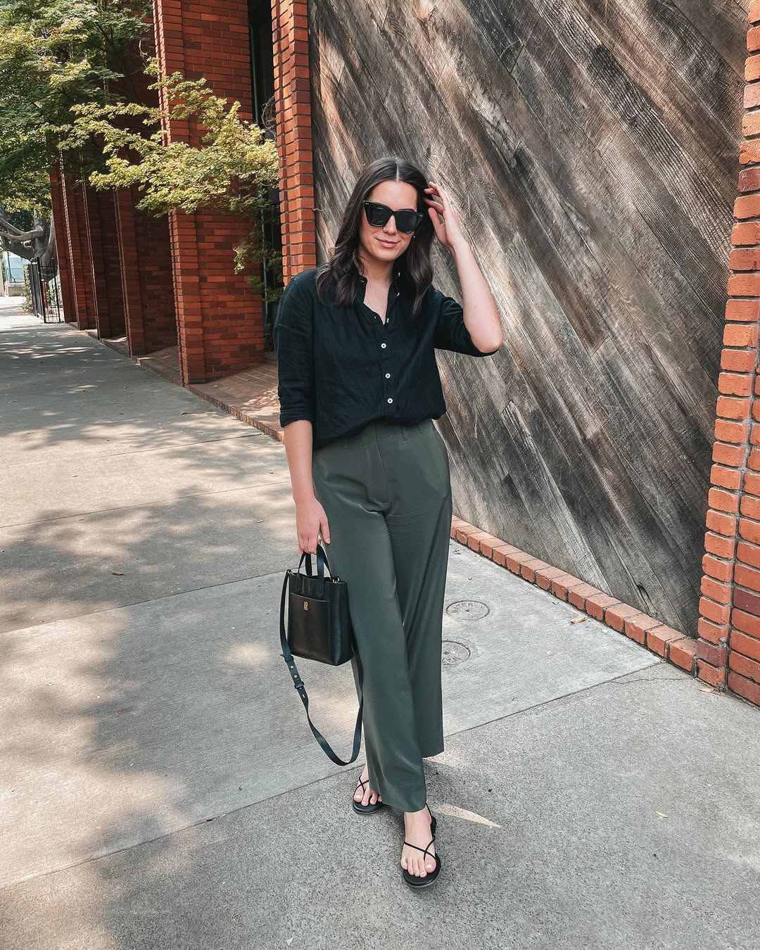 Effortless Black Button-Down and Olive Wide-Leg Trousers