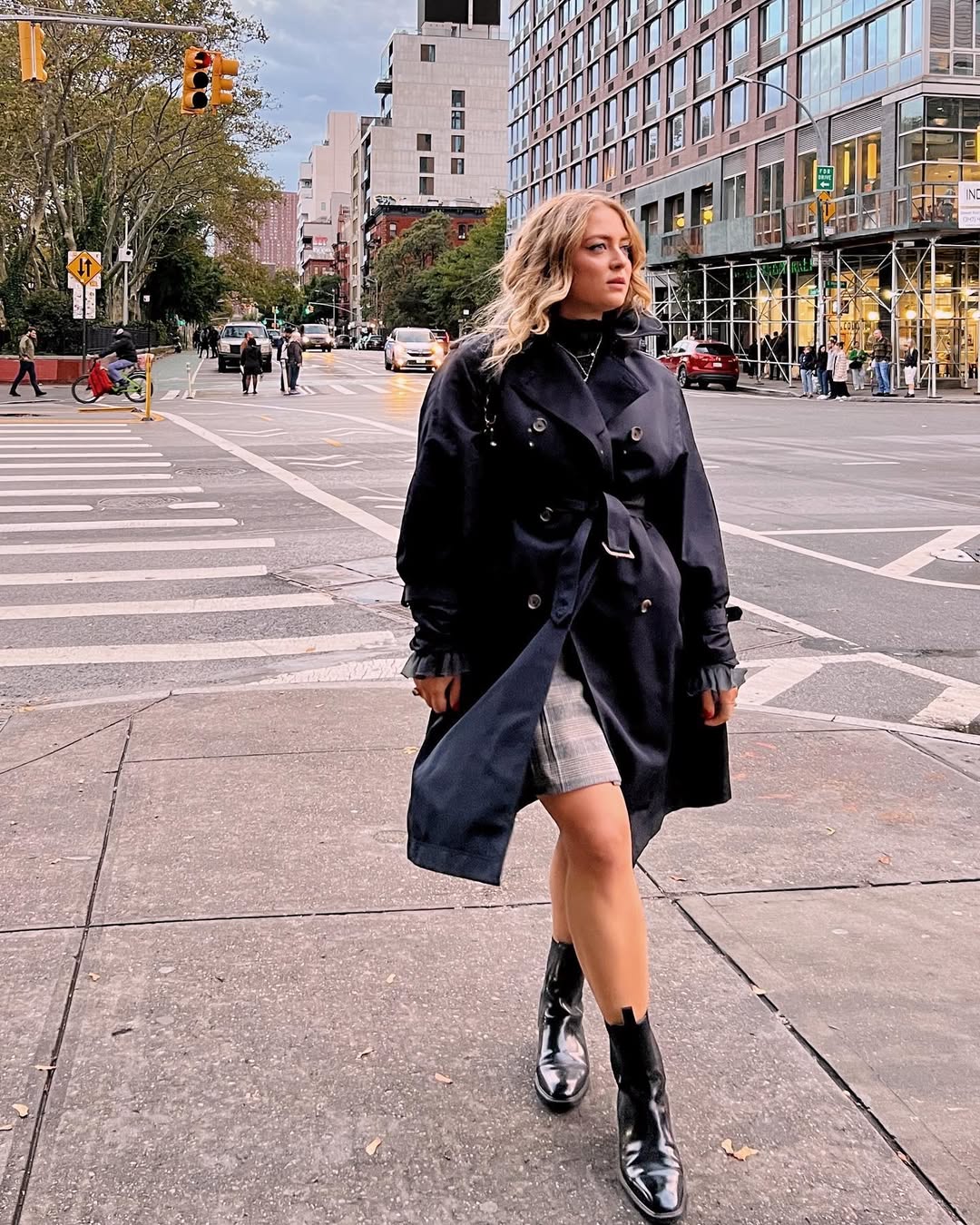Classic Trench With Plaid Mini Skirt and Boots
