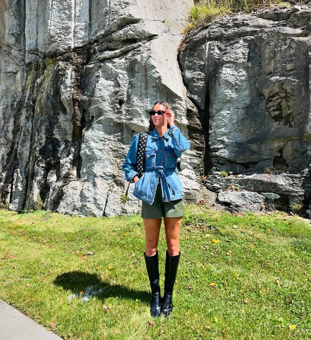 Denim Belted Jacket With Olive Shorts and Boots