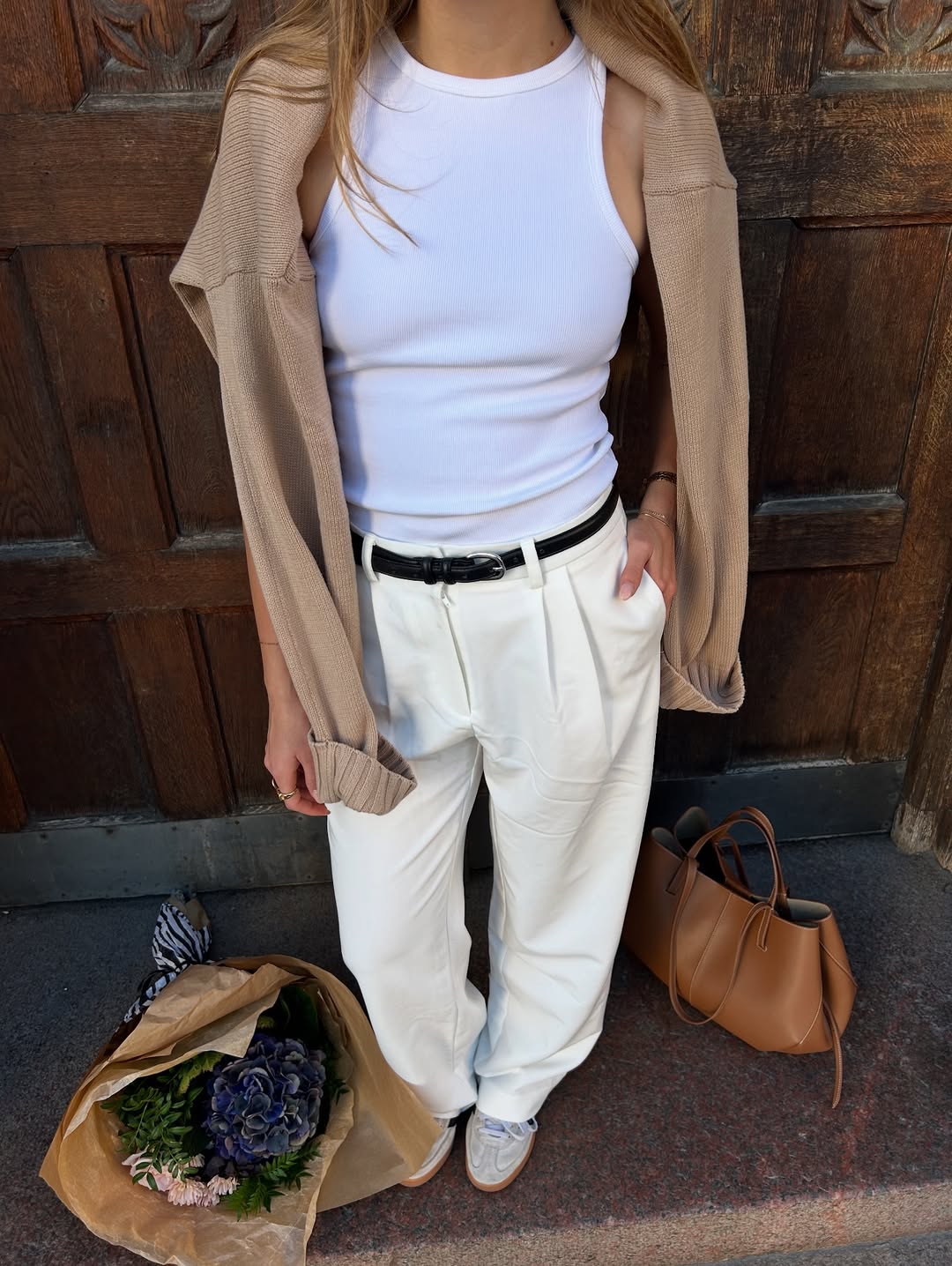 White Ribbed Tank With Cream Pleated Trousers and Cardigan