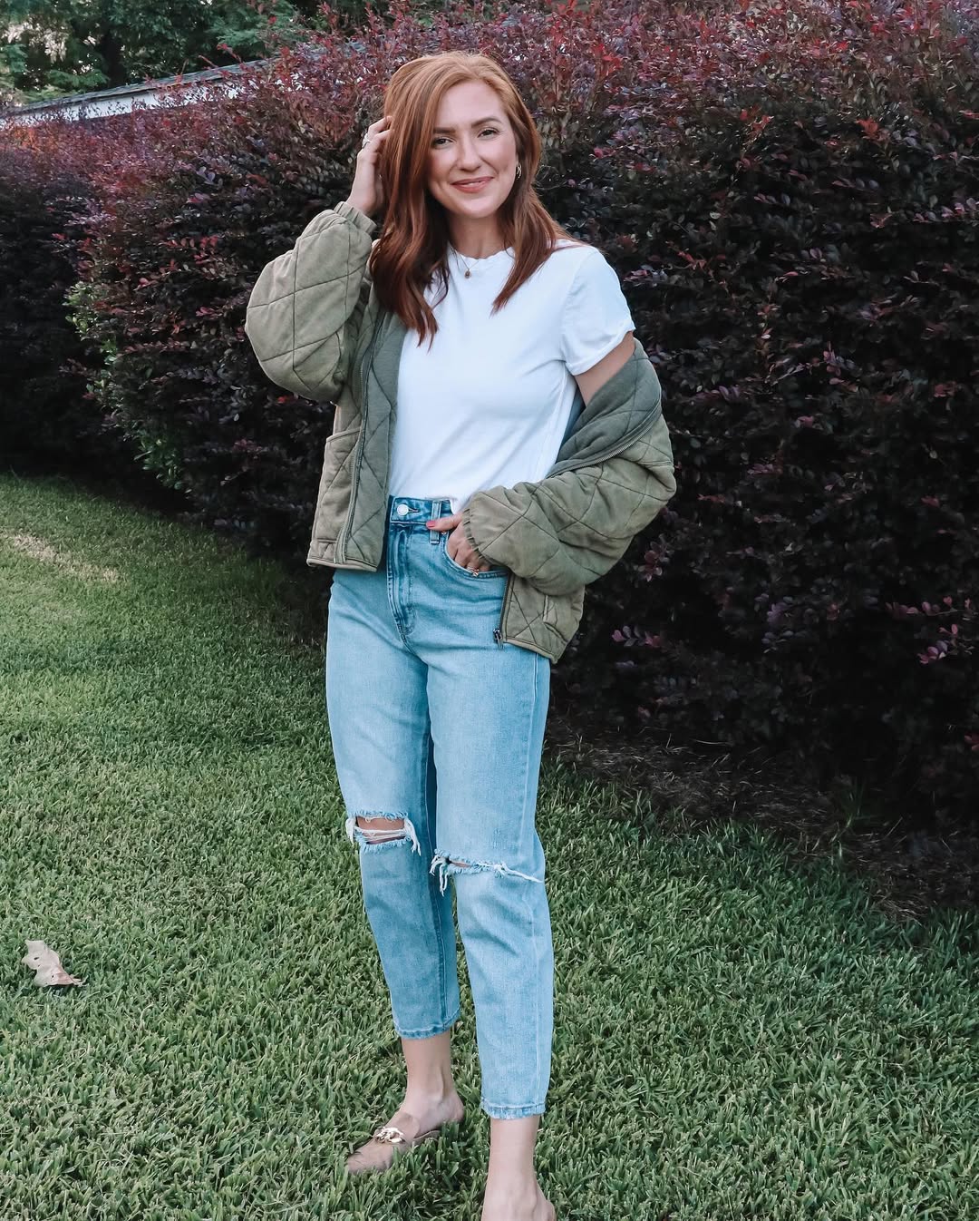 Quilted Bomber Jacket With Ripped Jeans and Mules
