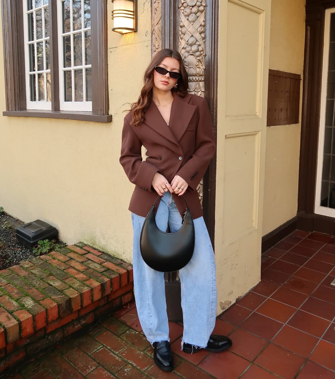 Brown Oversized Blazer with Wide Leg Jeans