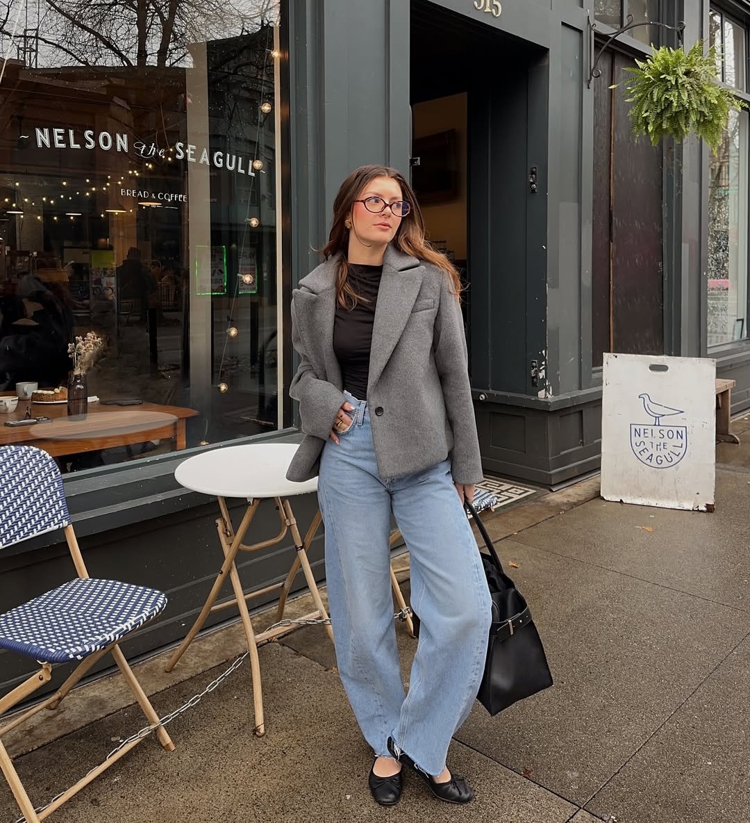 Gray Blazer and Light Wash Wide Leg Jeans Outfit