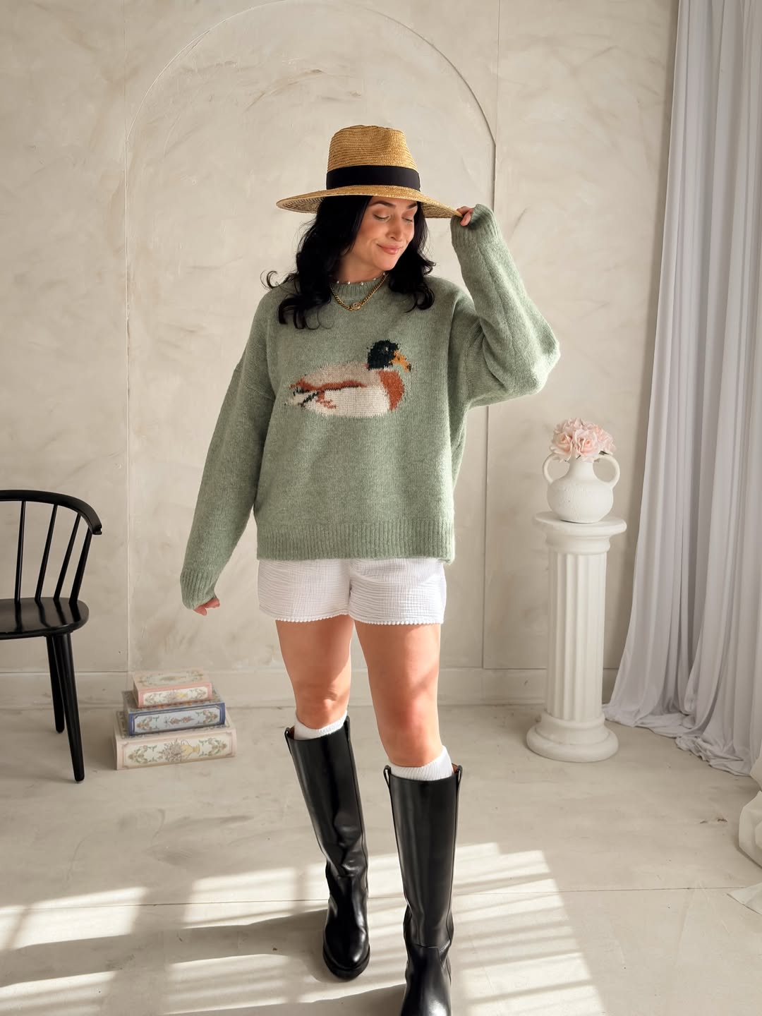 Sage Duck Sweater With White Textured Shorts