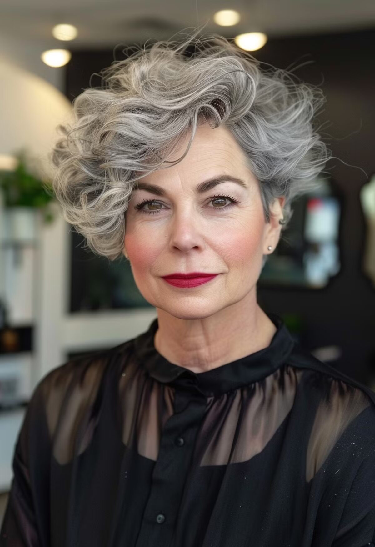 Curly Asymmetrical Bob for a sixty year old woman with short Hair