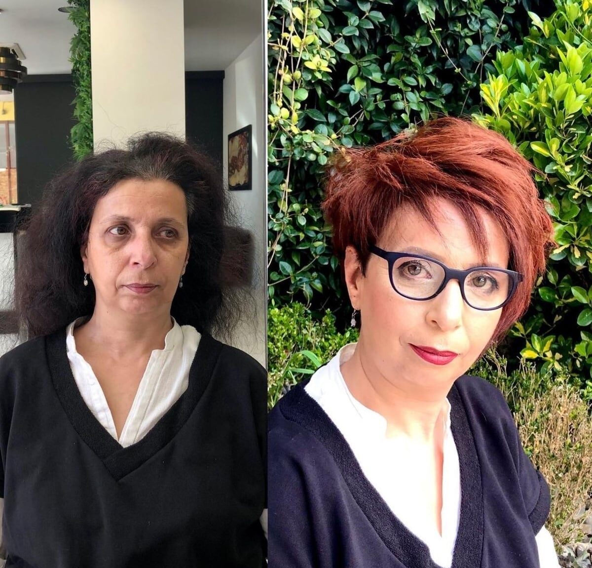 Deep Side Part asymmetrical cut with Straight Hair for women over 60 with Glasses