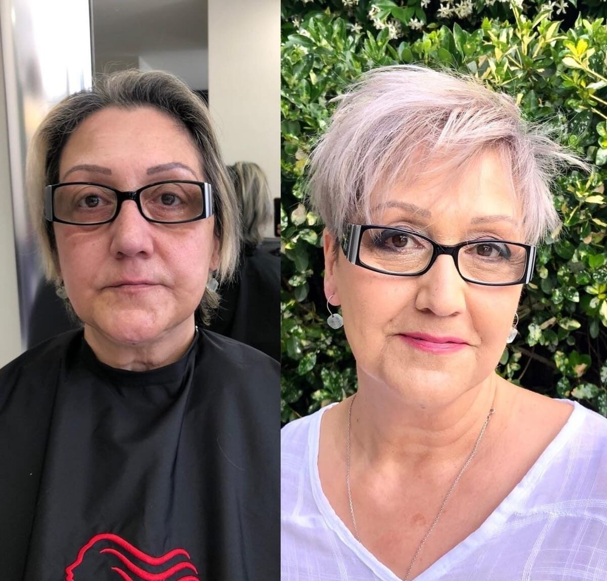 A woman in her 60s with a shaggy pixie makeover