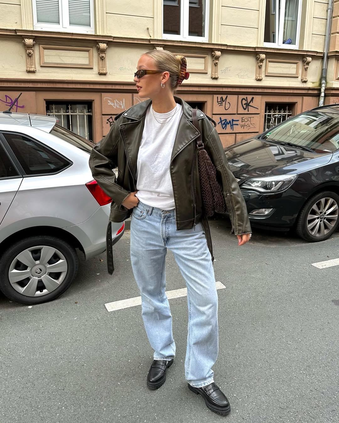 Olive Faux Leather Jacket With Light Wash Jeans