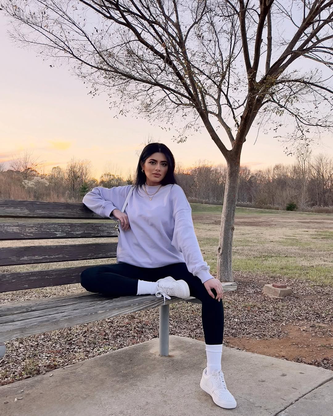 Lavender Sweatshirt And Black Leggings Athleisure Look
