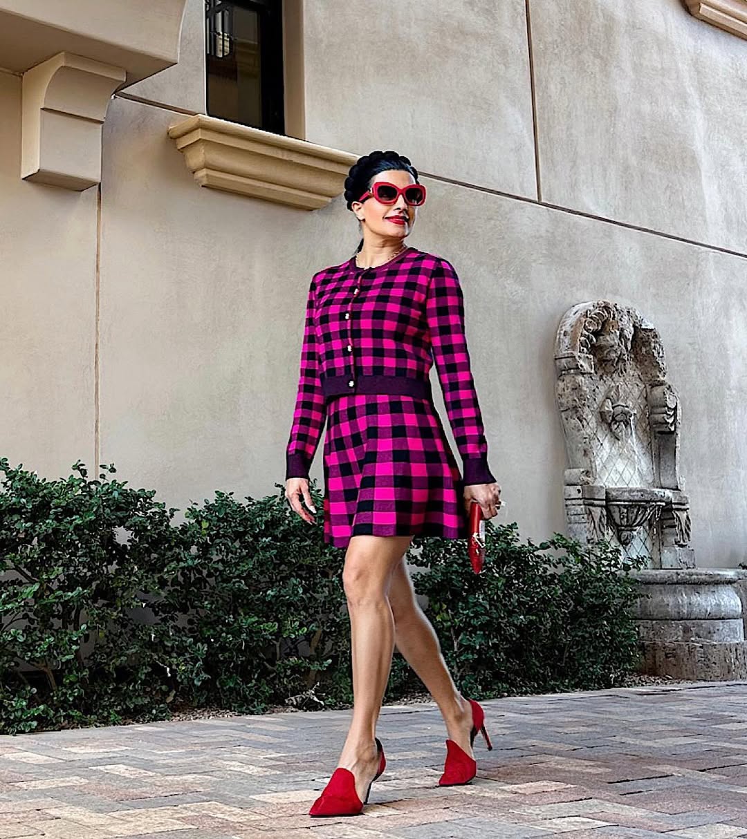 Pink Plaid Cardigan and Skirt Set
