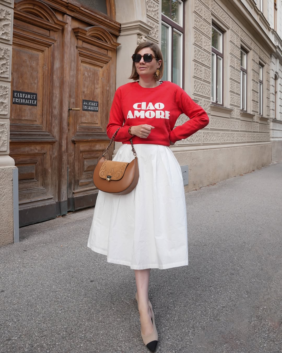 Red Graphic Sweatshirt With White Midi Skirt Outfit
