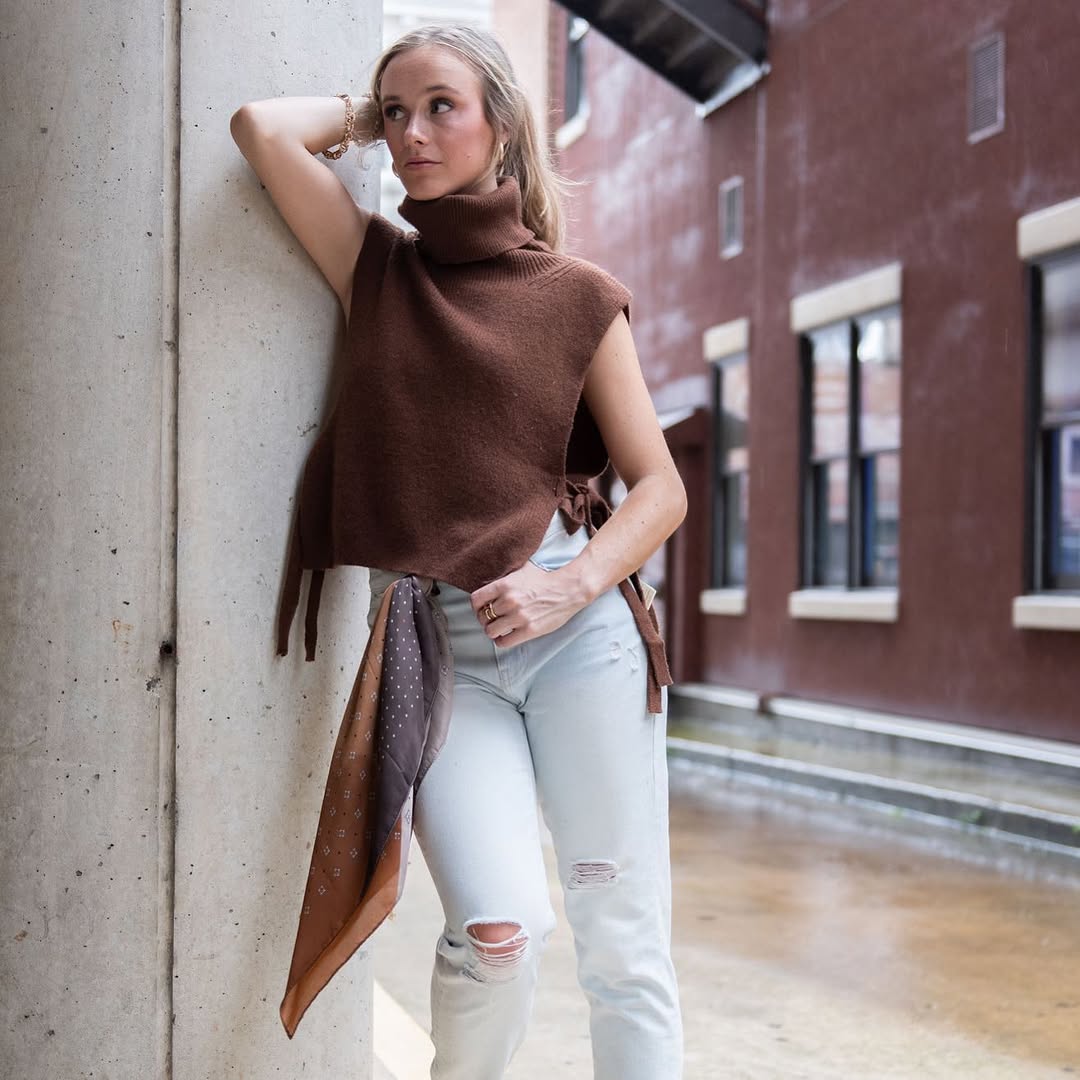 Brown Knit Turtleneck Vest With Light Wash Jeans