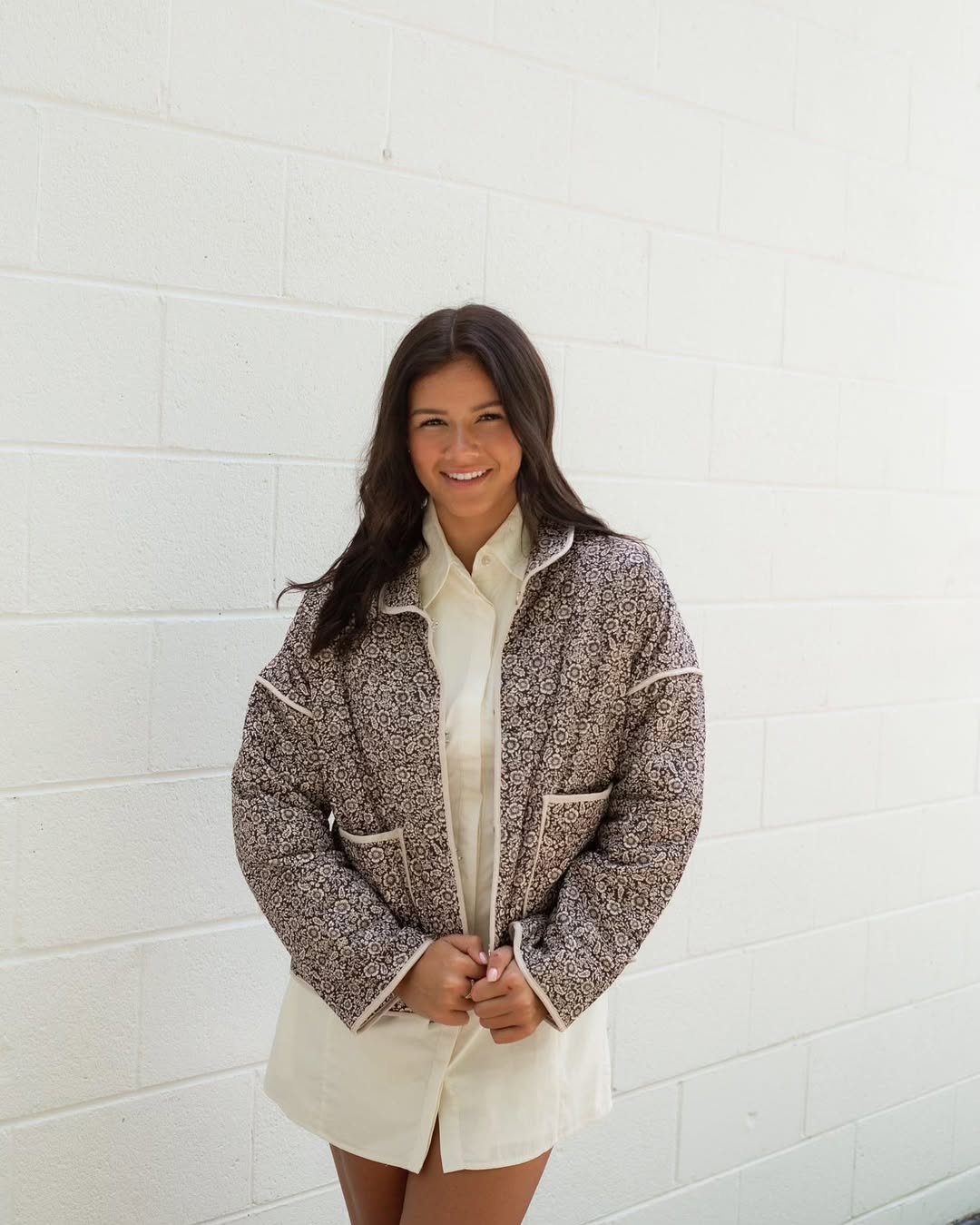 Quilted Floral Jacket Over Cream Shirt Dress