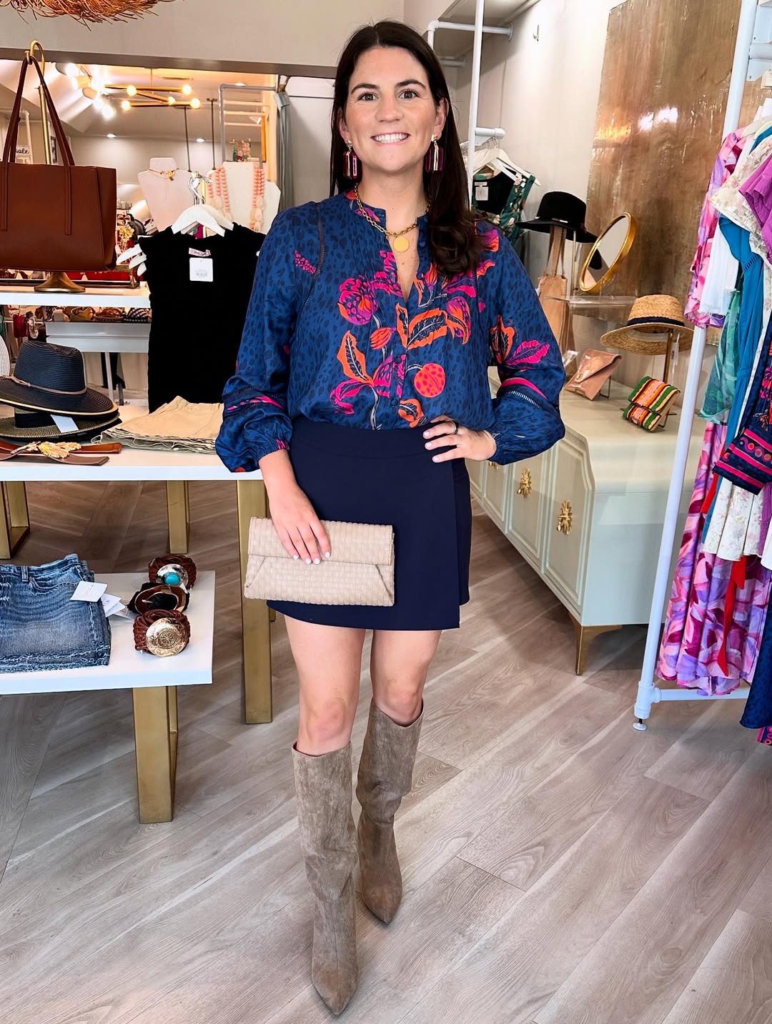 Printed Plunge Neck Blouse With Suede Boots