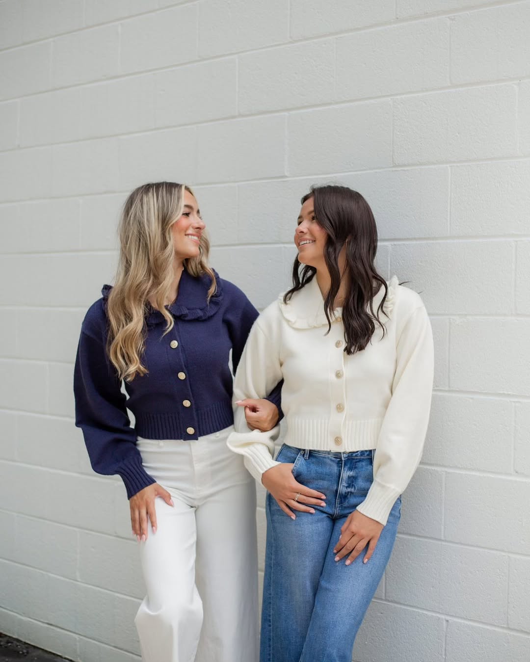 Navy Ruffle Collar Cardigan With White Wide Leg Pants