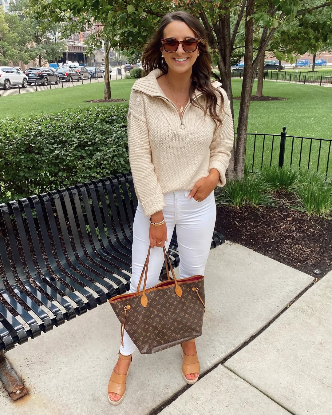 Cream Quarter Zip Sweater With White Denim