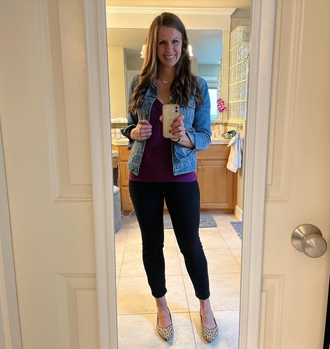 Denim Jacket With Plum Camisole And Leopard Flats