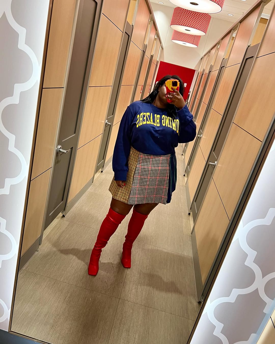 Preppy Plaid Skirt With Bold Red Boots