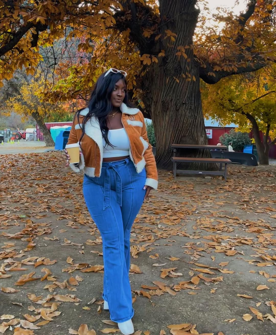 Corduroy Shearling Jacket With Flare Jeans
