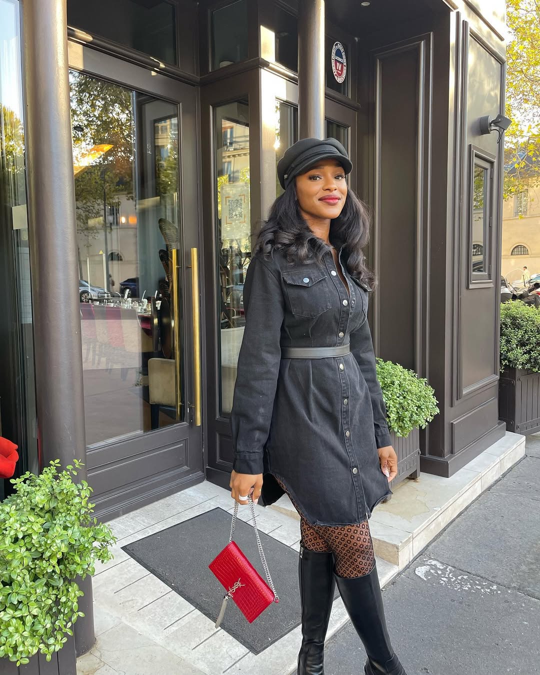 Chic Black Denim Shirt Dress With Knee-High Boots