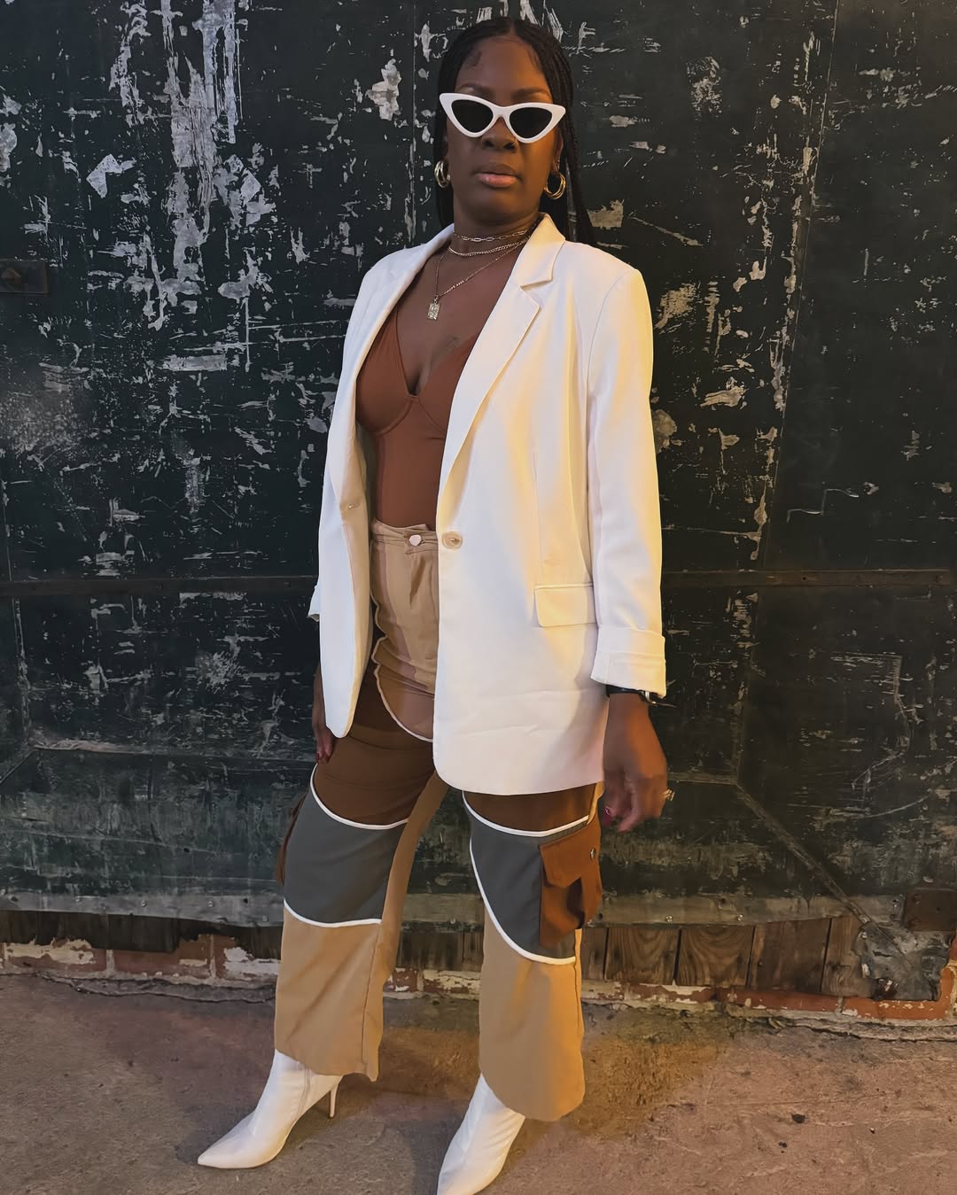 White Blazer With Paneled Cargo Pants Outfit