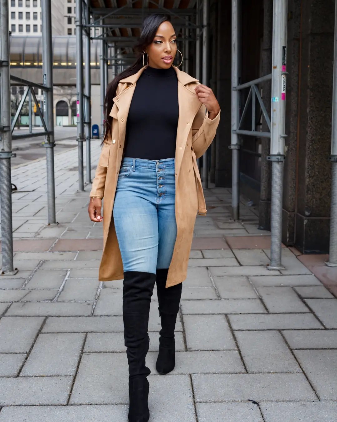 Camel Trench, Black Turtleneck, and Over-the-Knee Boots