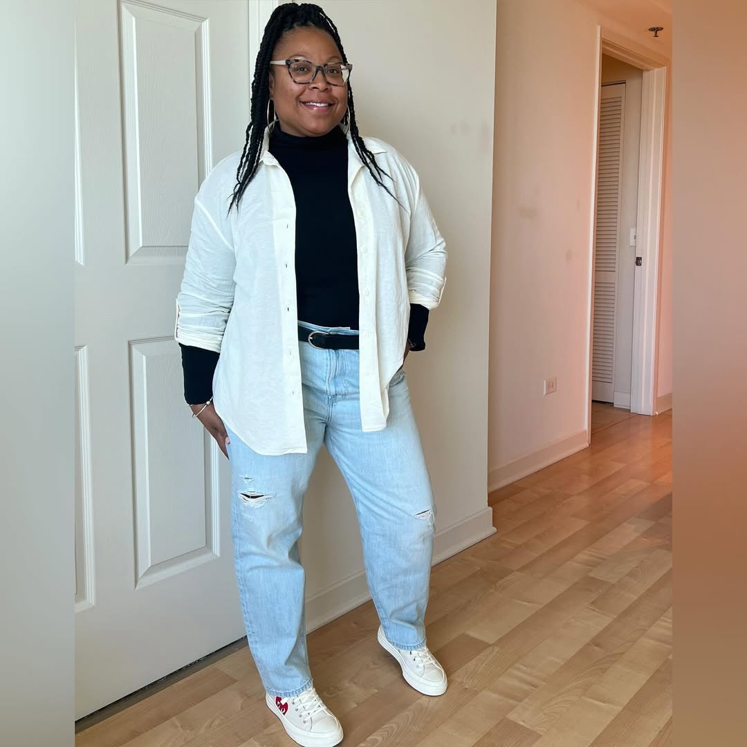 Effortless Black Turtleneck With Light Wash Jeans And White Shirt