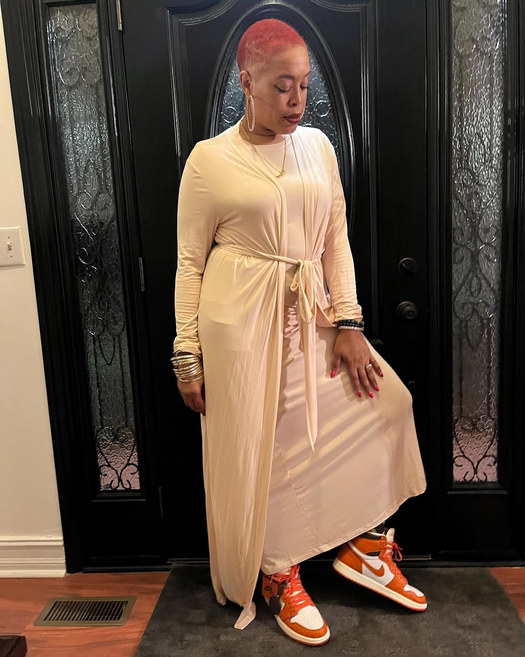 Cream Maxi Dress with Statement Sneakers