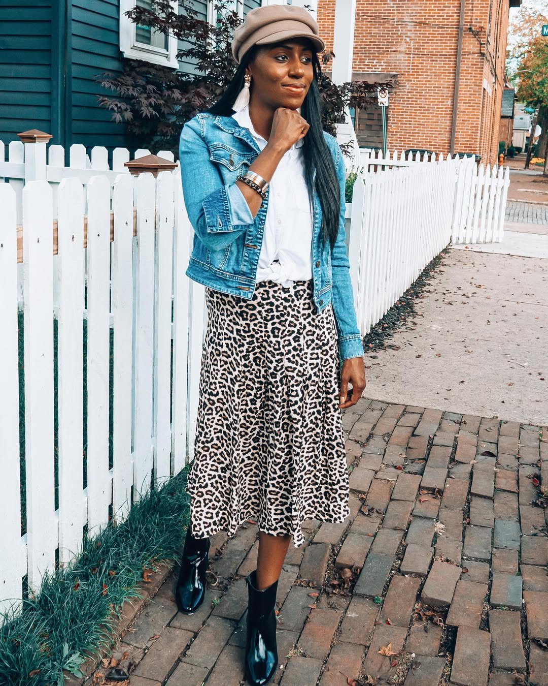Denim Jacket Leopard Midi Skirt Outfit