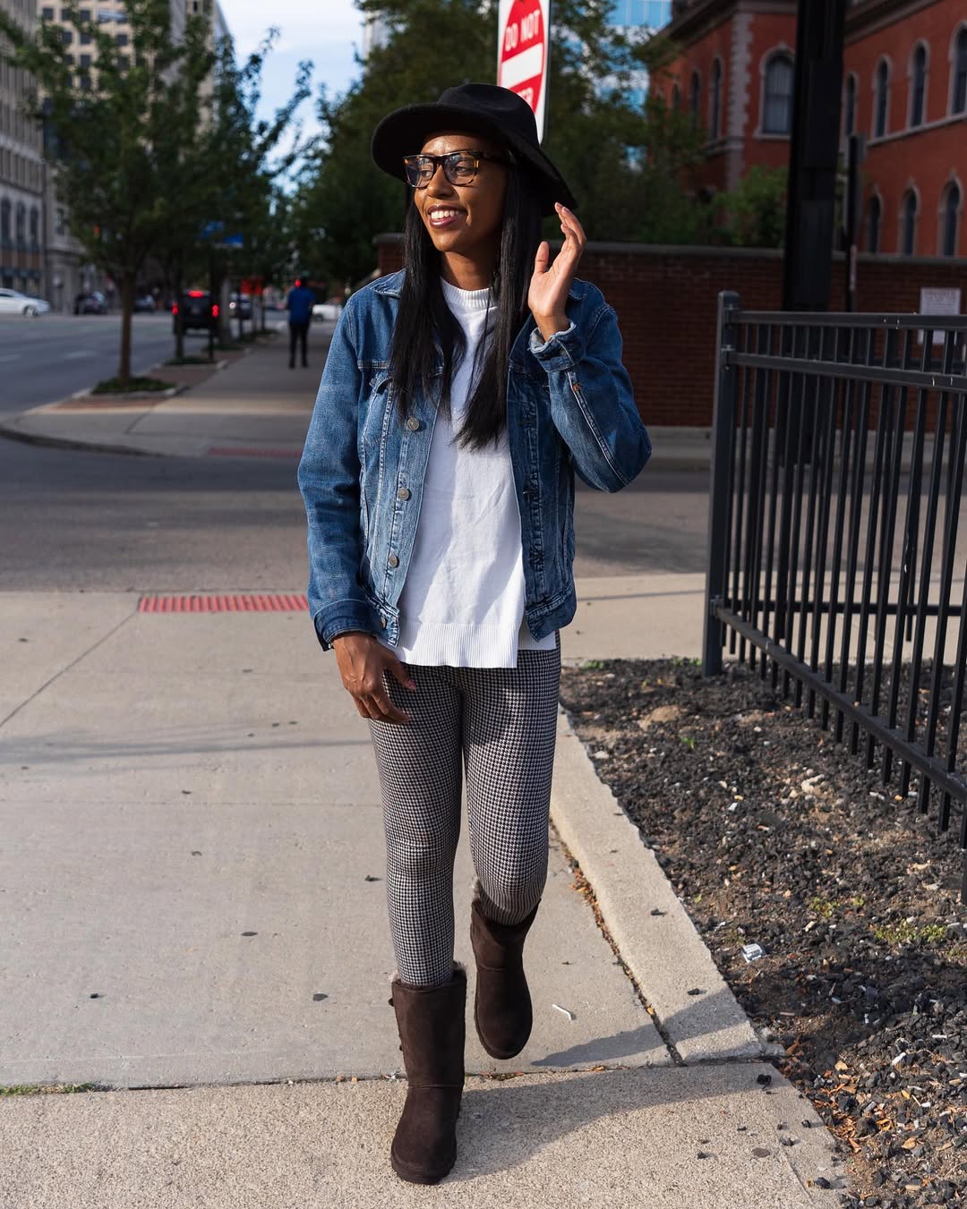 Denim Jacket With Houndstooth Leggings And Boots