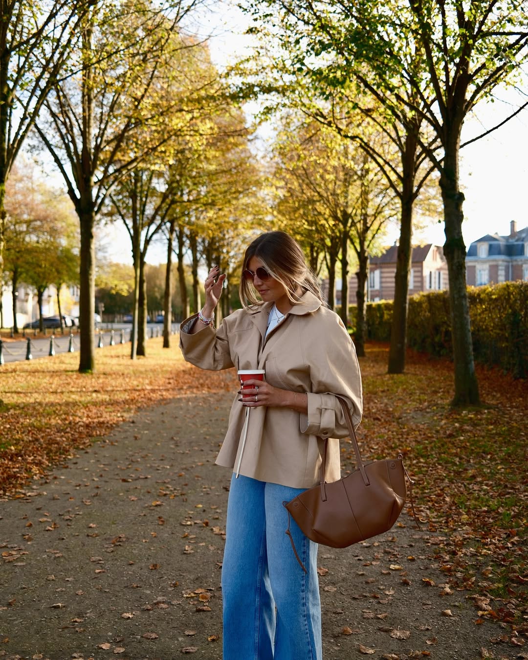 Beige Oversized Jacket With Wide Leg Jeans