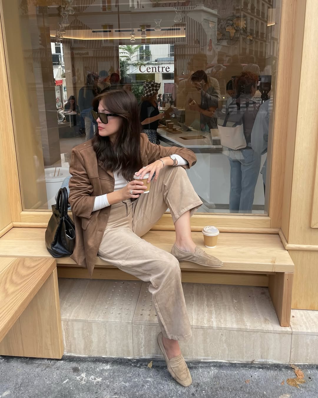 Brown Suede Blazer With Beige Trousers Casual Look