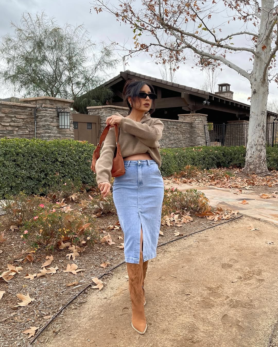 Light Wash Denim Midi Skirt With Tan Sweater