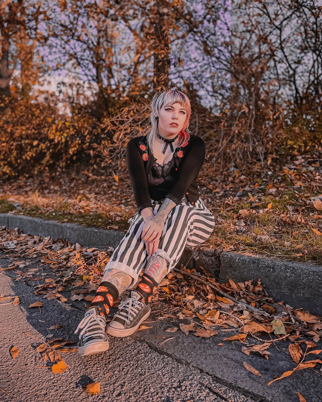 Striped Trousers With Goth Cardigan Casual Fall Style