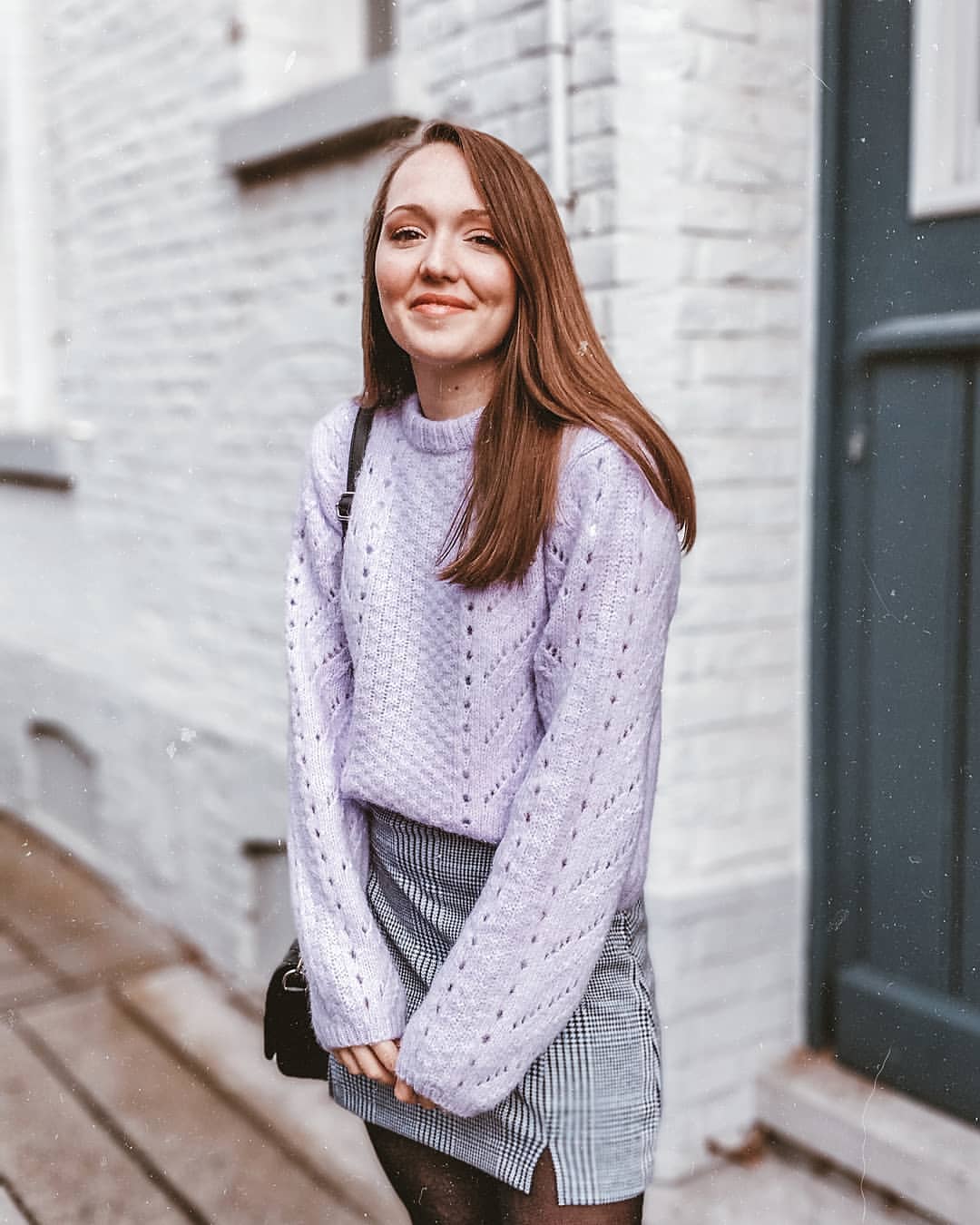 Lilac Knit Sweater With Plaid Mini Skirt Outfit