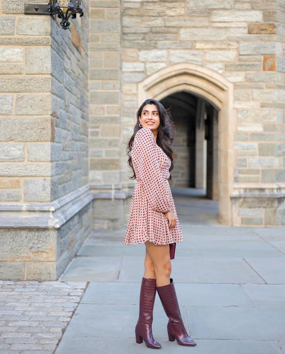 Geometric Print Mini Dress With Knee-High Boots
