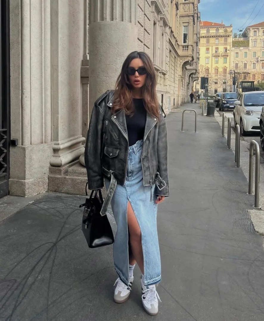 Leather Moto Jacket With Denim Maxi Skirt Look