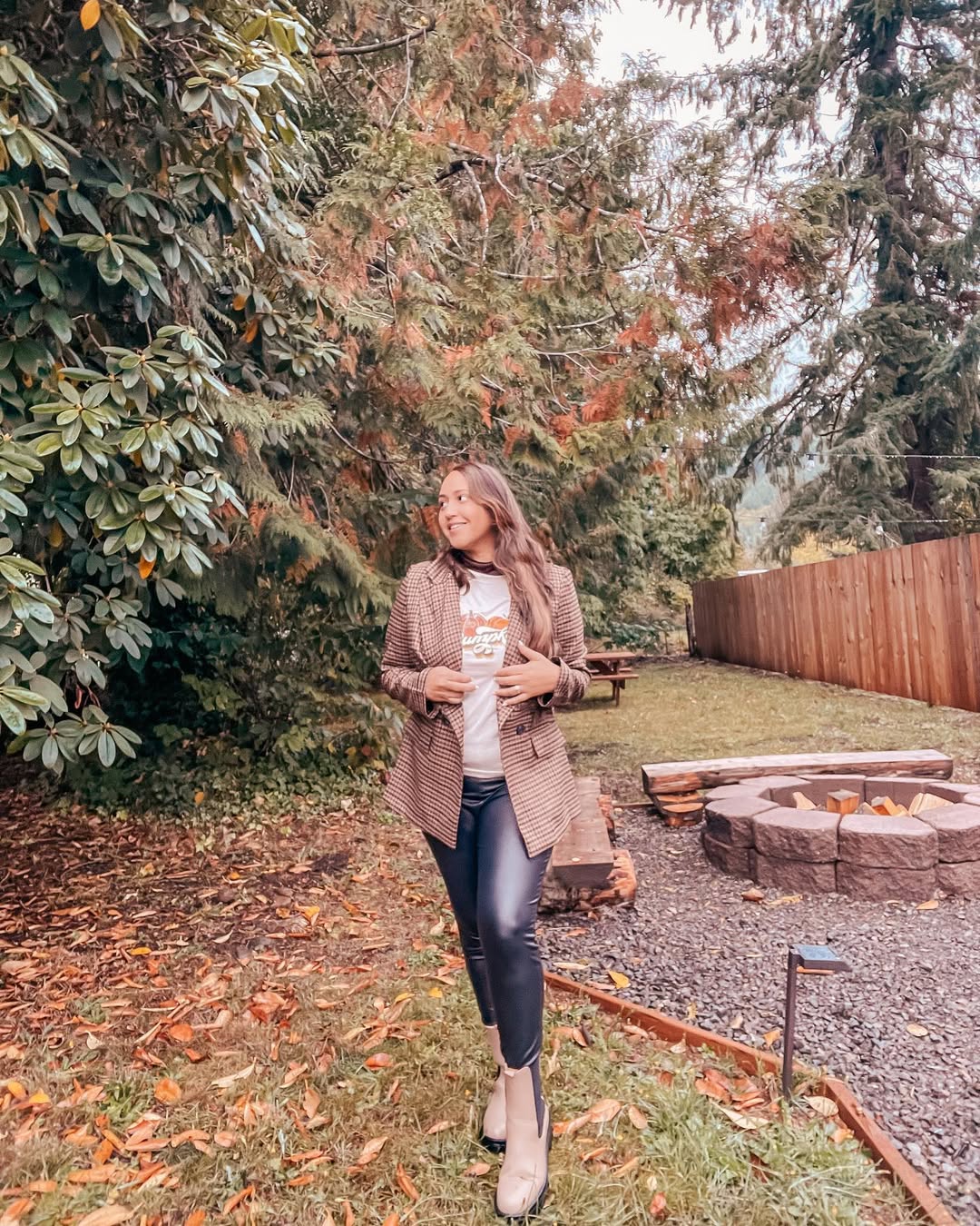 Brown Plaid Blazer with Faux Leather Leggings