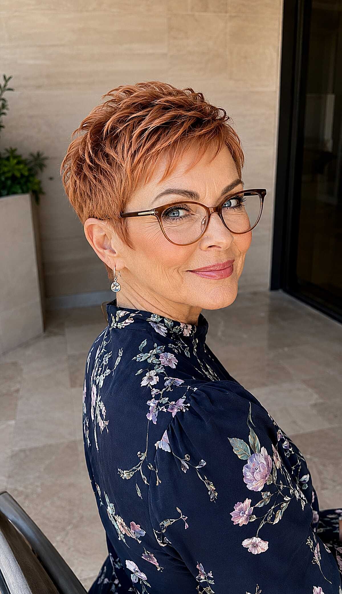 Warm copper pixie with wavy layers and glasses