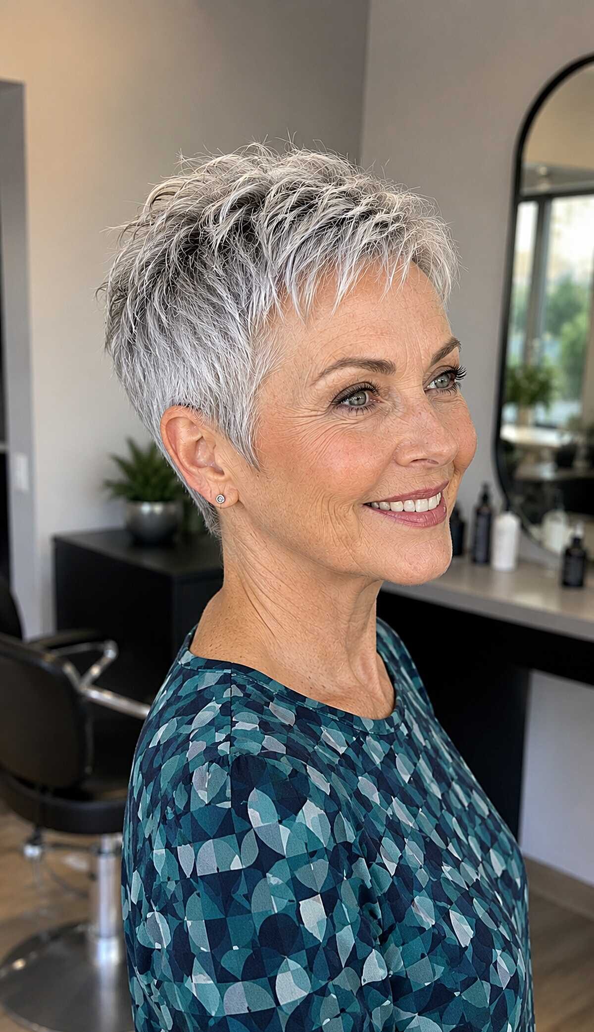 Layered silver pixie with feathered top on older woman