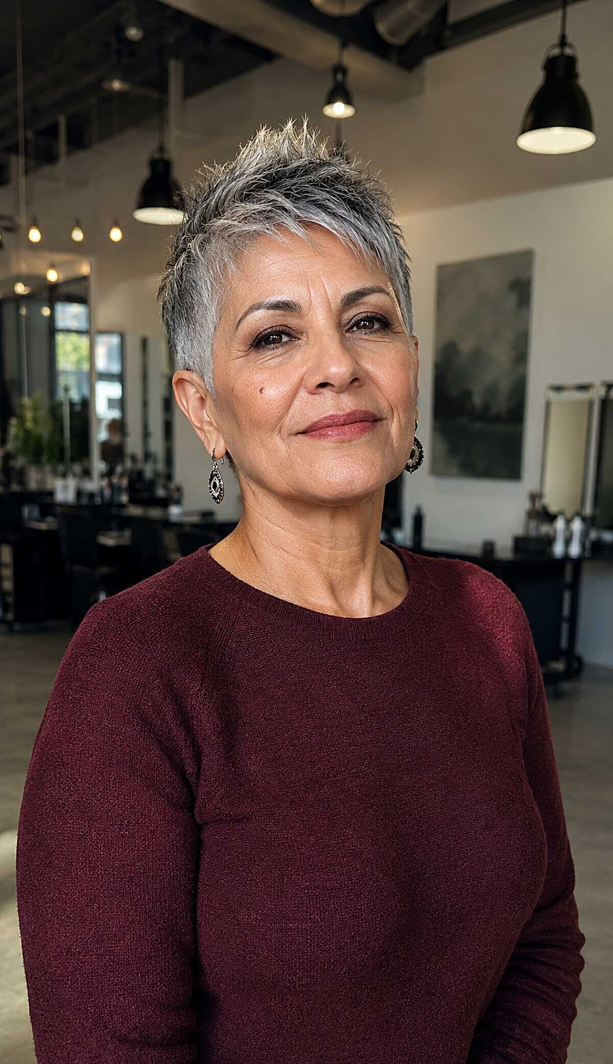Very short spiky silver pixie on woman in salon