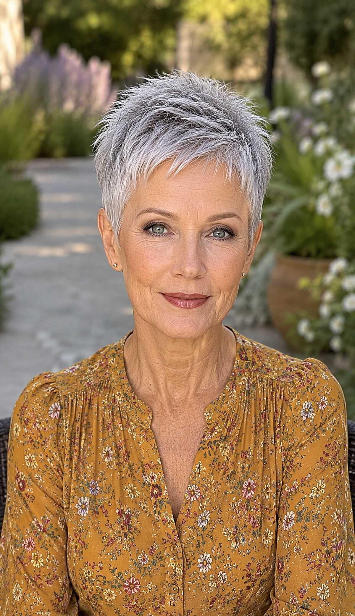 Wispy silver pixie with feathered bangs on older woman