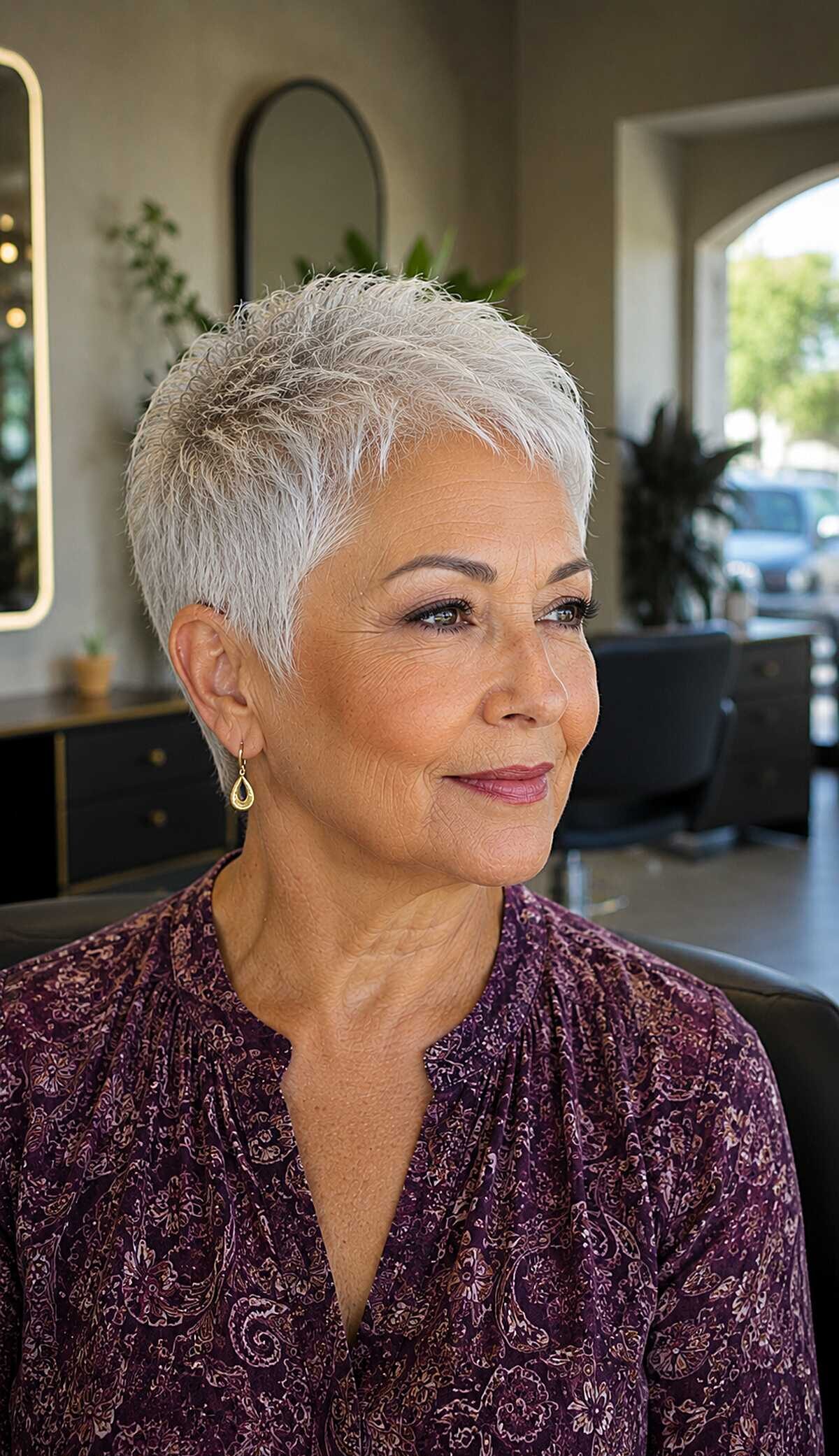 Classic short white pixie with textured top layers